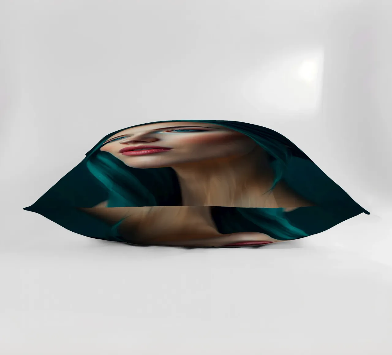 Ritratto di una donna con suggestivi capelli color turchese cuscino da DesignDoodle
