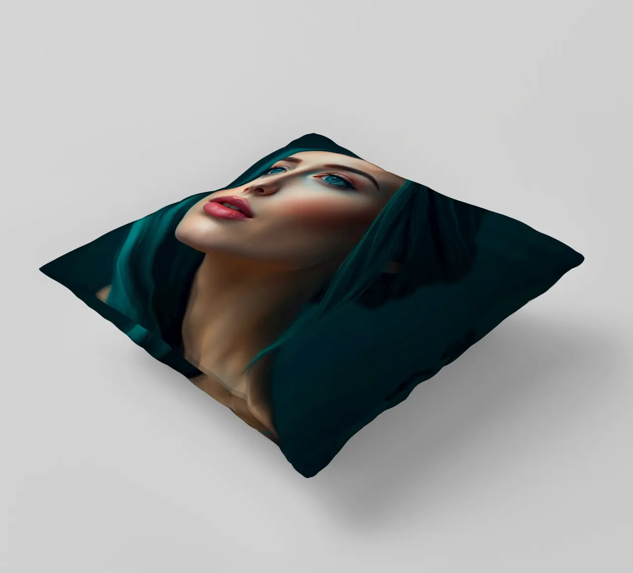 Ritratto di una donna con suggestivi capelli color turchese cuscino da DesignDoodle