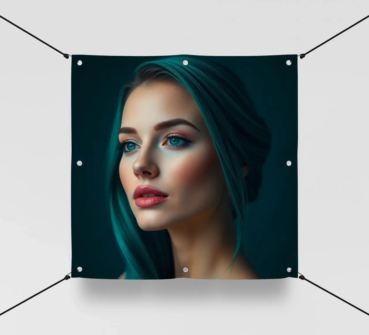 Ritratto di una donna con suggestivi capelli color turchese telo in pvc da DesignDoodle