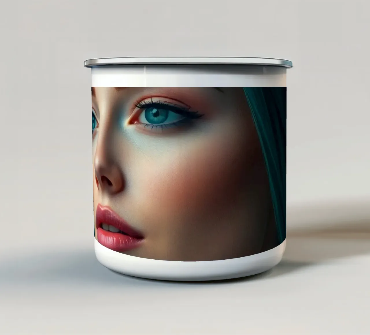 Ritratto di una donna con suggestivi capelli color turchese tazza in smalto da DesignDoodle