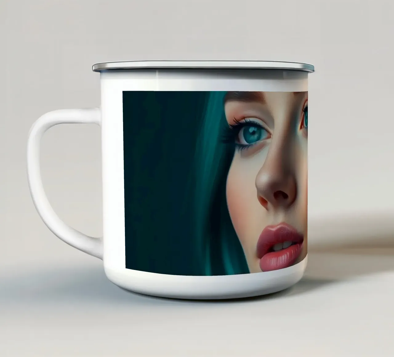 Ritratto di una donna con suggestivi capelli color turchese tazza in smalto da DesignDoodle