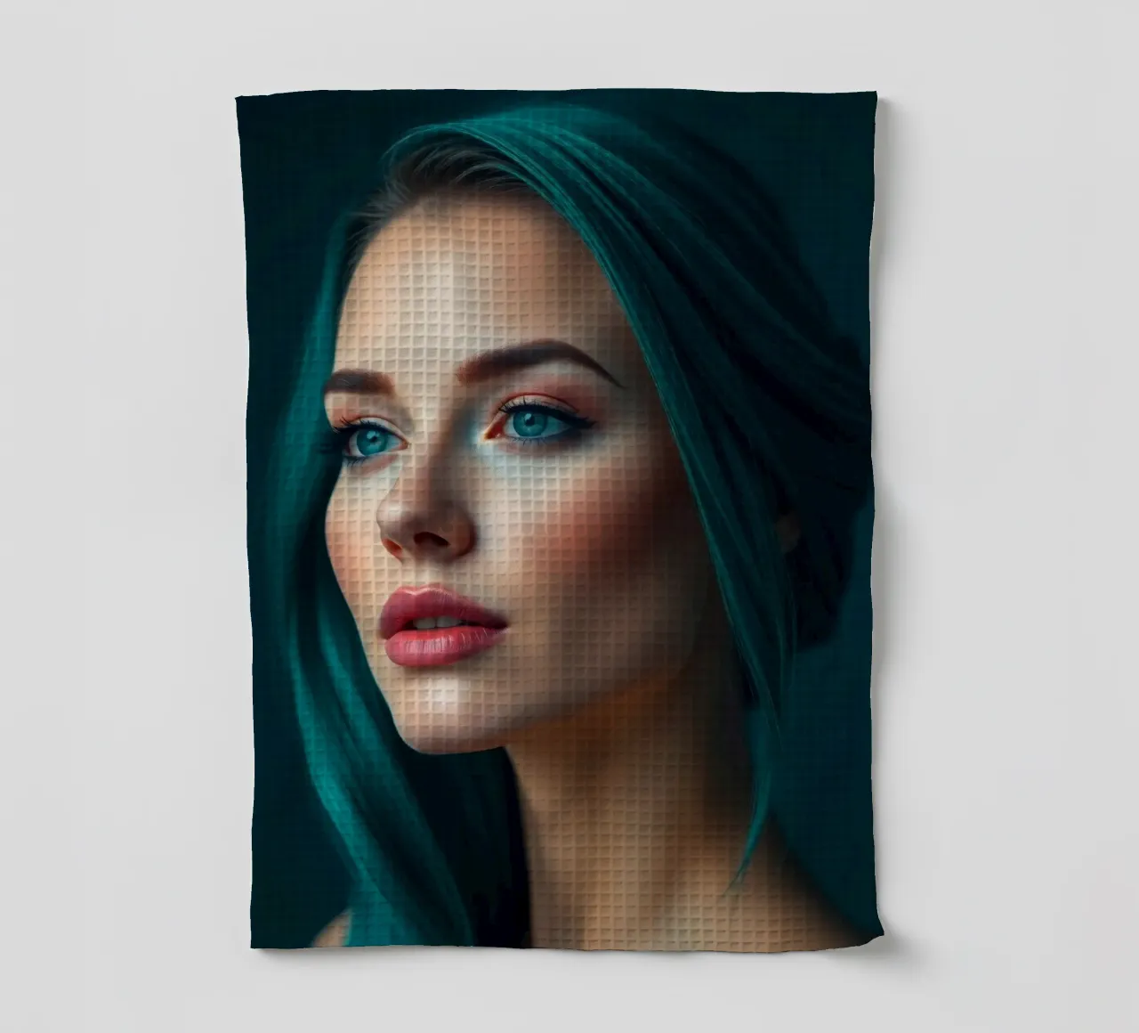 Ritratto di una donna con suggestivi capelli color turchese canovaccio da cucina da DesignDoodle