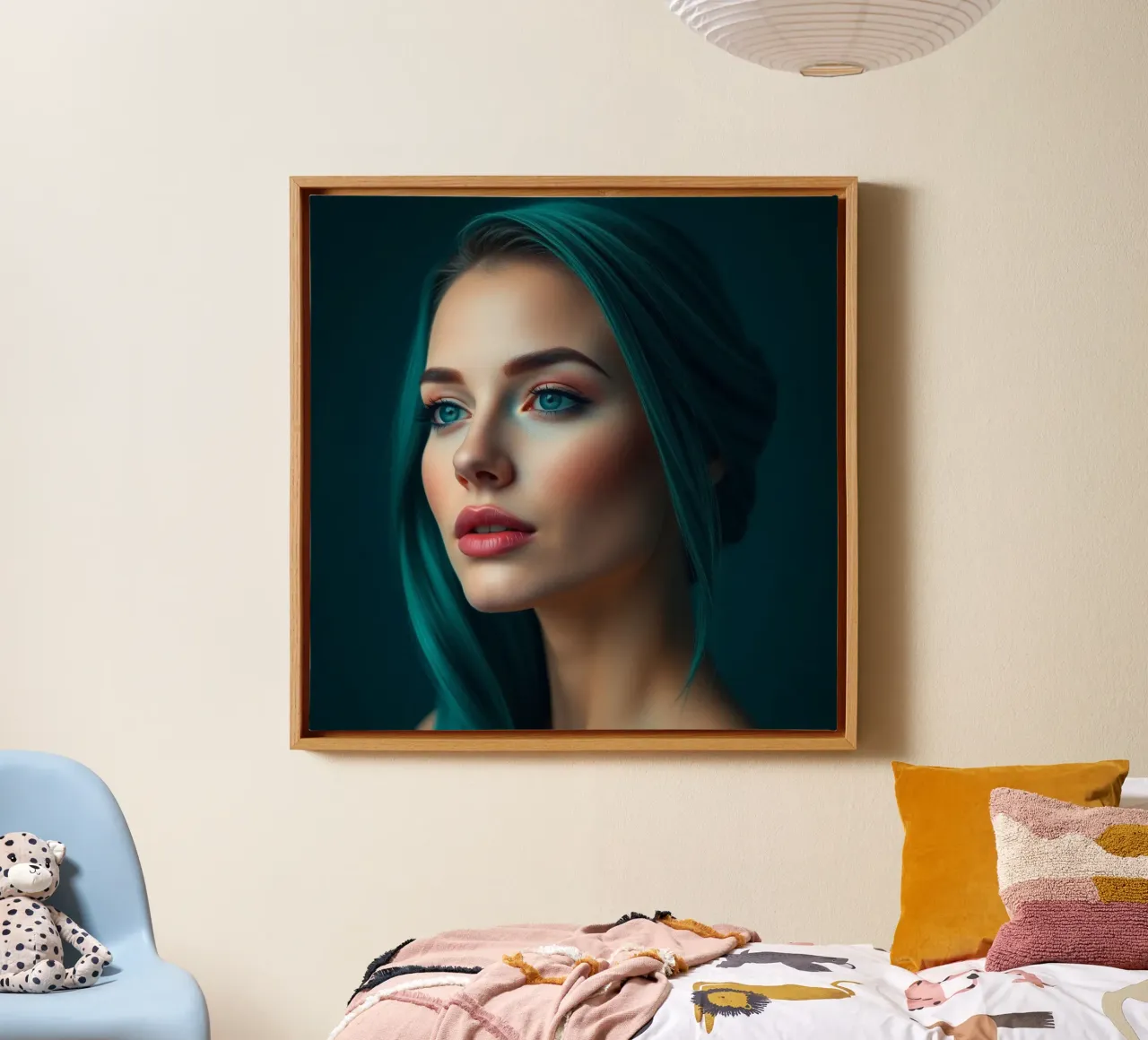 Ritratto di una donna con suggestivi capelli color turchese tela con Cornice a cassetta da DesignDoodle