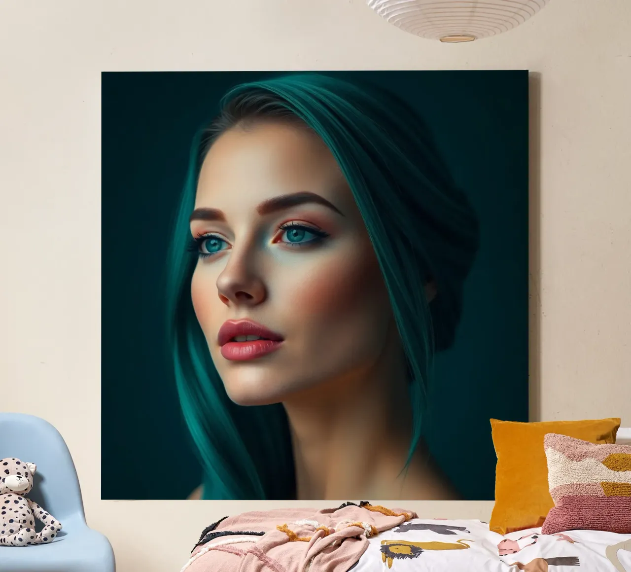 Ritratto di una donna con suggestivi capelli color turchese tela con Cornice a cassetta da DesignDoodle