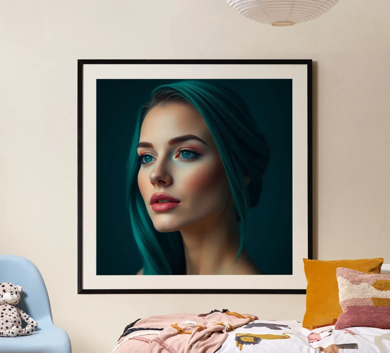 Ritratto di una donna con suggestivi capelli color turchese carta hahnemühle da DesignDoodle