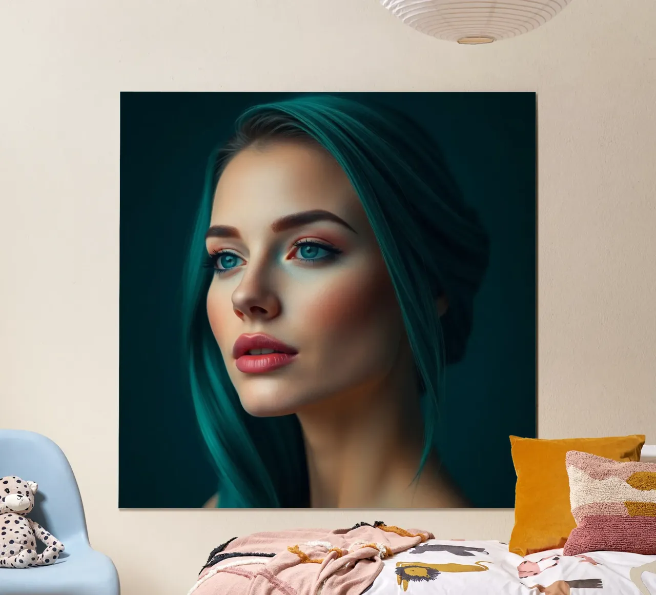 Ritratto di una donna con suggestivi capelli color turchese carta hahnemühle da DesignDoodle