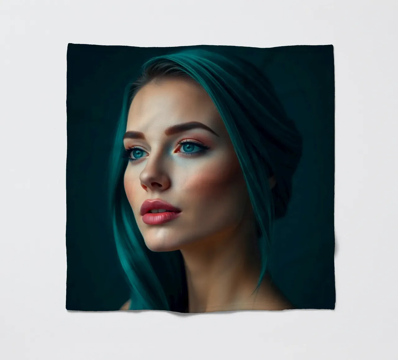 Ritratto di una donna con suggestivi capelli color turchese coperta in pile da DesignDoodle