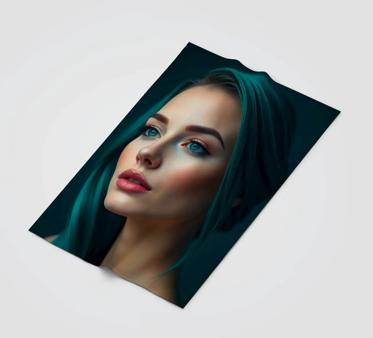 Ritratto di una donna con suggestivi capelli color turchese coperta in pile da DesignDoodle