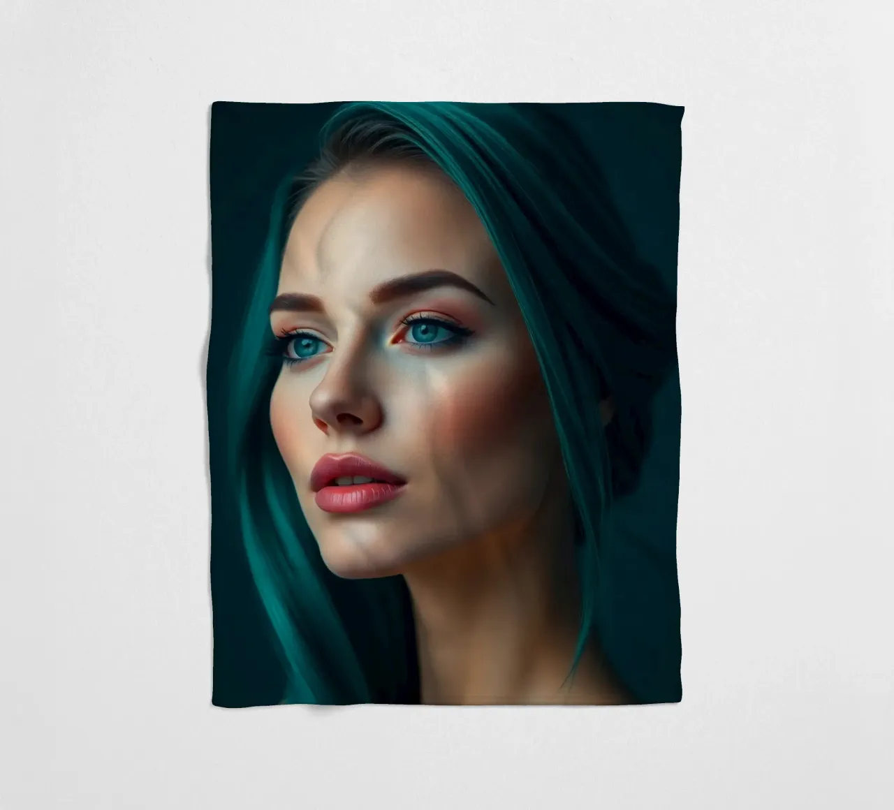 Ritratto di una donna con suggestivi capelli color turchese coperta in pile da DesignDoodle