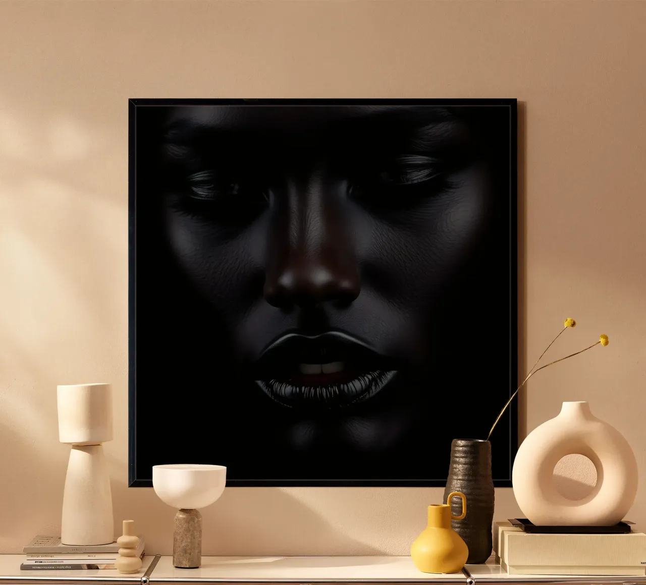 Portrait of a black woman with striking features illuminated hahnemühle by DesignDoodle