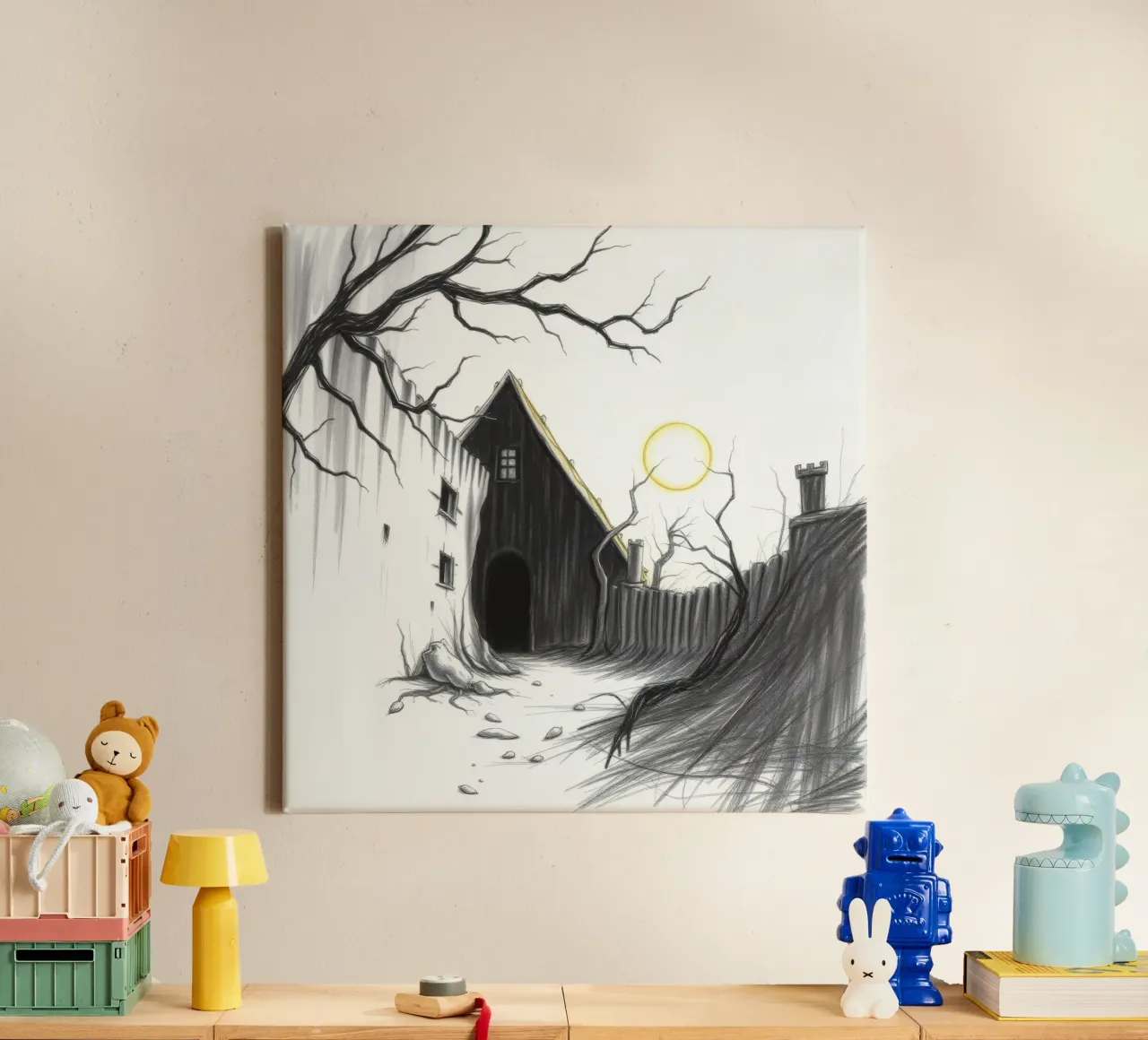 Cour désolée sous un soleil obsédant dans une terre aride toile de DesignDoodle