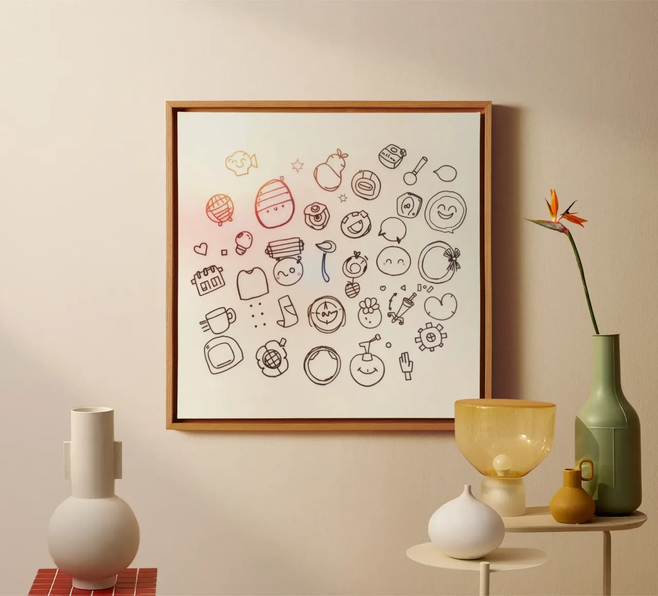 Collection of cute playful doodles canvas with Floater frame by DesignDoodle