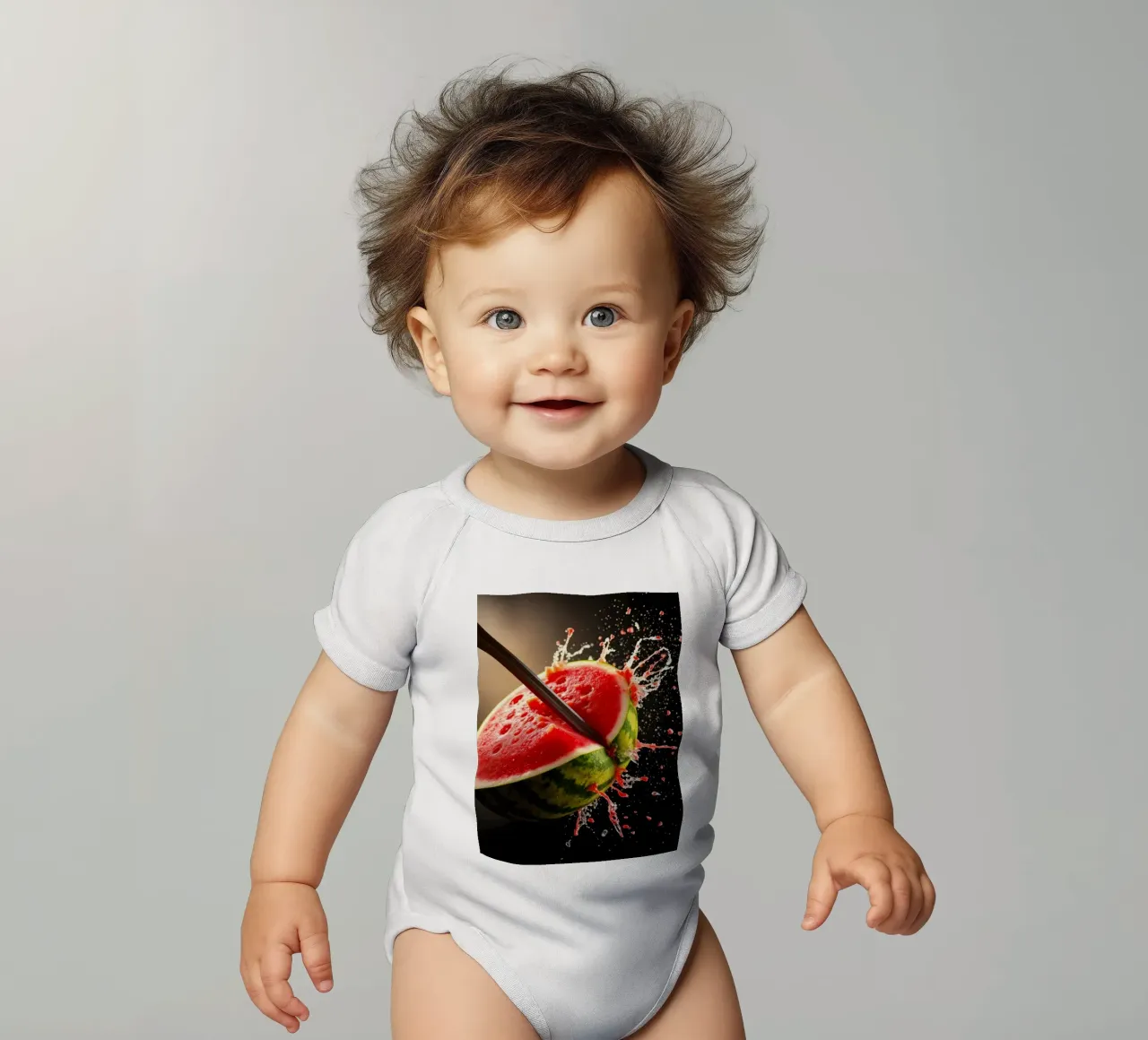 Slicing a watermelon creates a refreshing splash short-sleeve baby romper by DesignDoodle