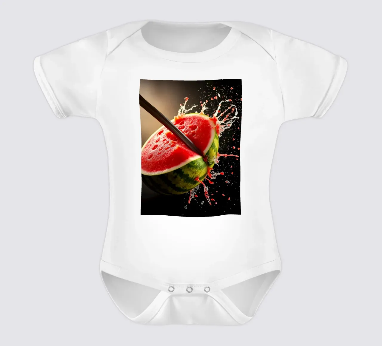 Slicing a watermelon creates a refreshing splash short-sleeve baby romper by DesignDoodle