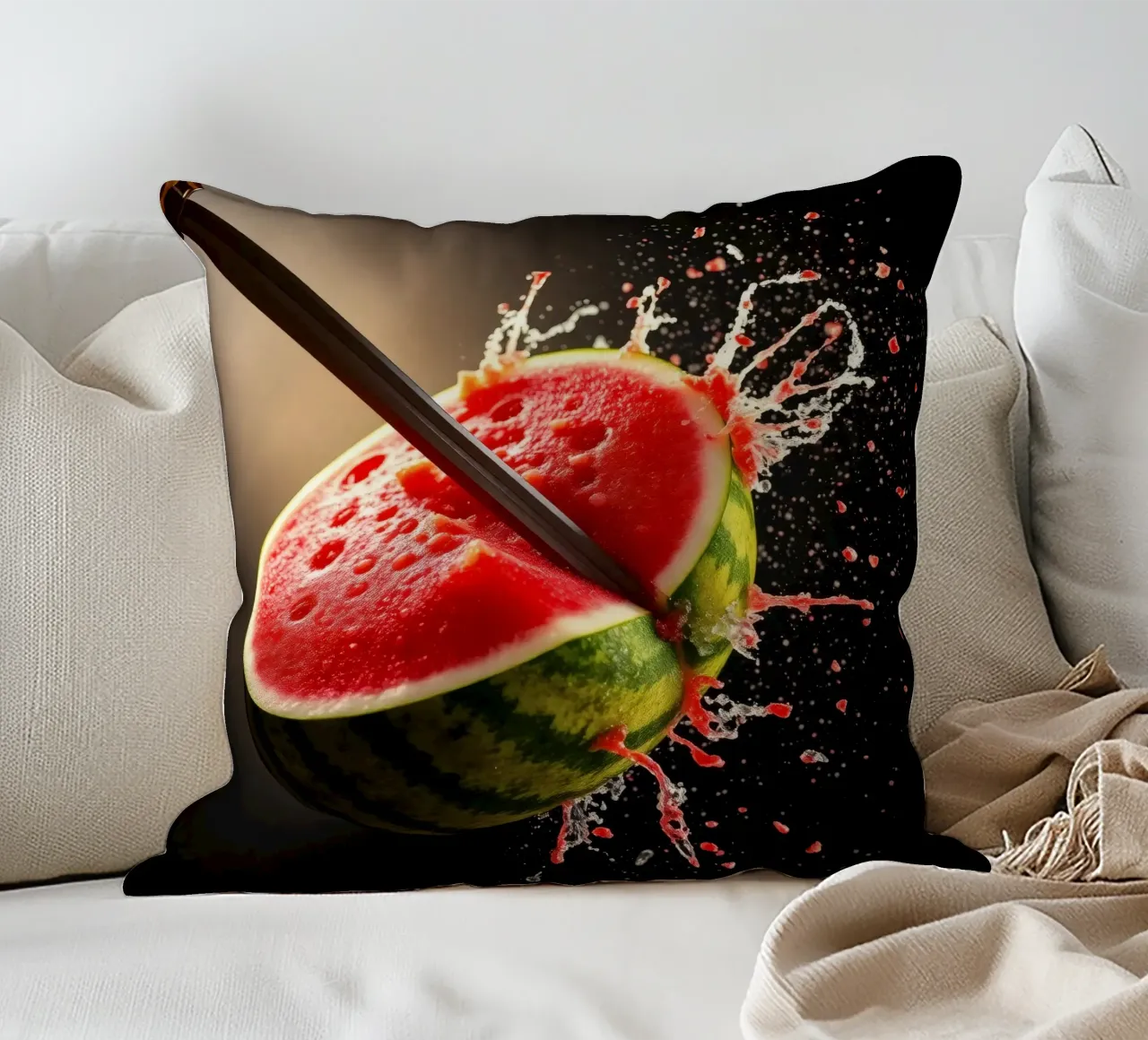 Slicing a watermelon creates a refreshing splash decorative cushion by DesignDoodle