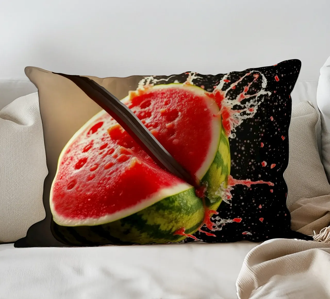 Slicing a watermelon creates a refreshing splash decorative cushion by DesignDoodle