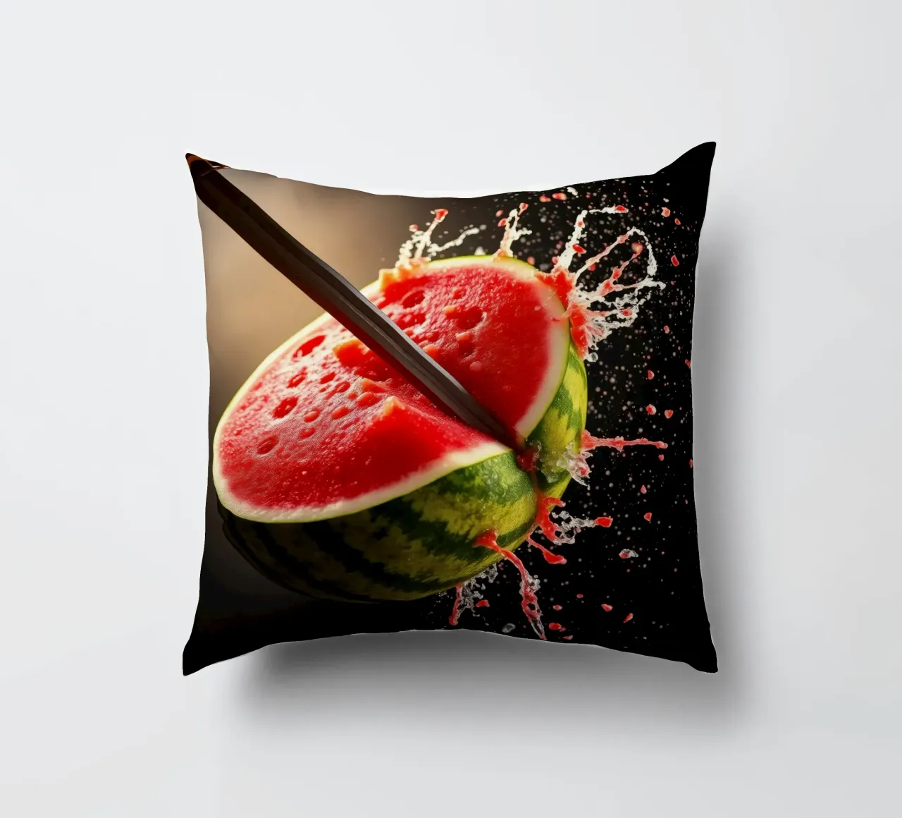 Slicing a watermelon creates a refreshing splash decorative cushion by DesignDoodle