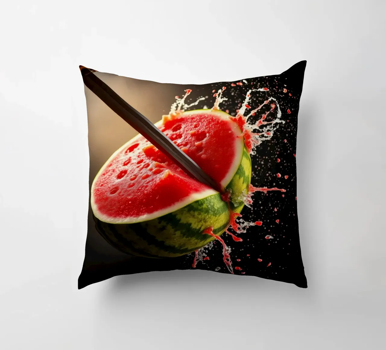 Slicing a watermelon creates a refreshing splash decorative cushion by DesignDoodle