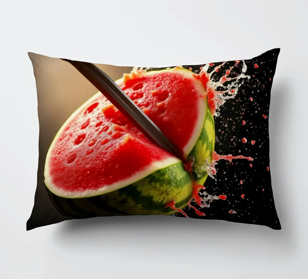 Slicing a watermelon creates a refreshing splash decorative cushion by DesignDoodle