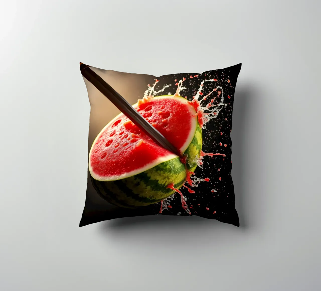 Slicing a watermelon creates a refreshing splash decorative cushion by DesignDoodle