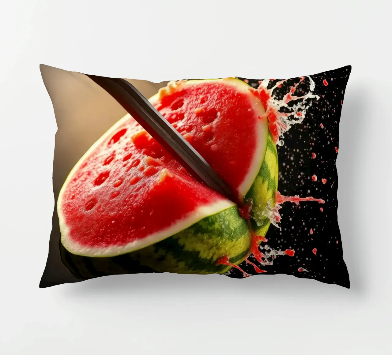Slicing a watermelon creates a refreshing splash decorative cushion by DesignDoodle