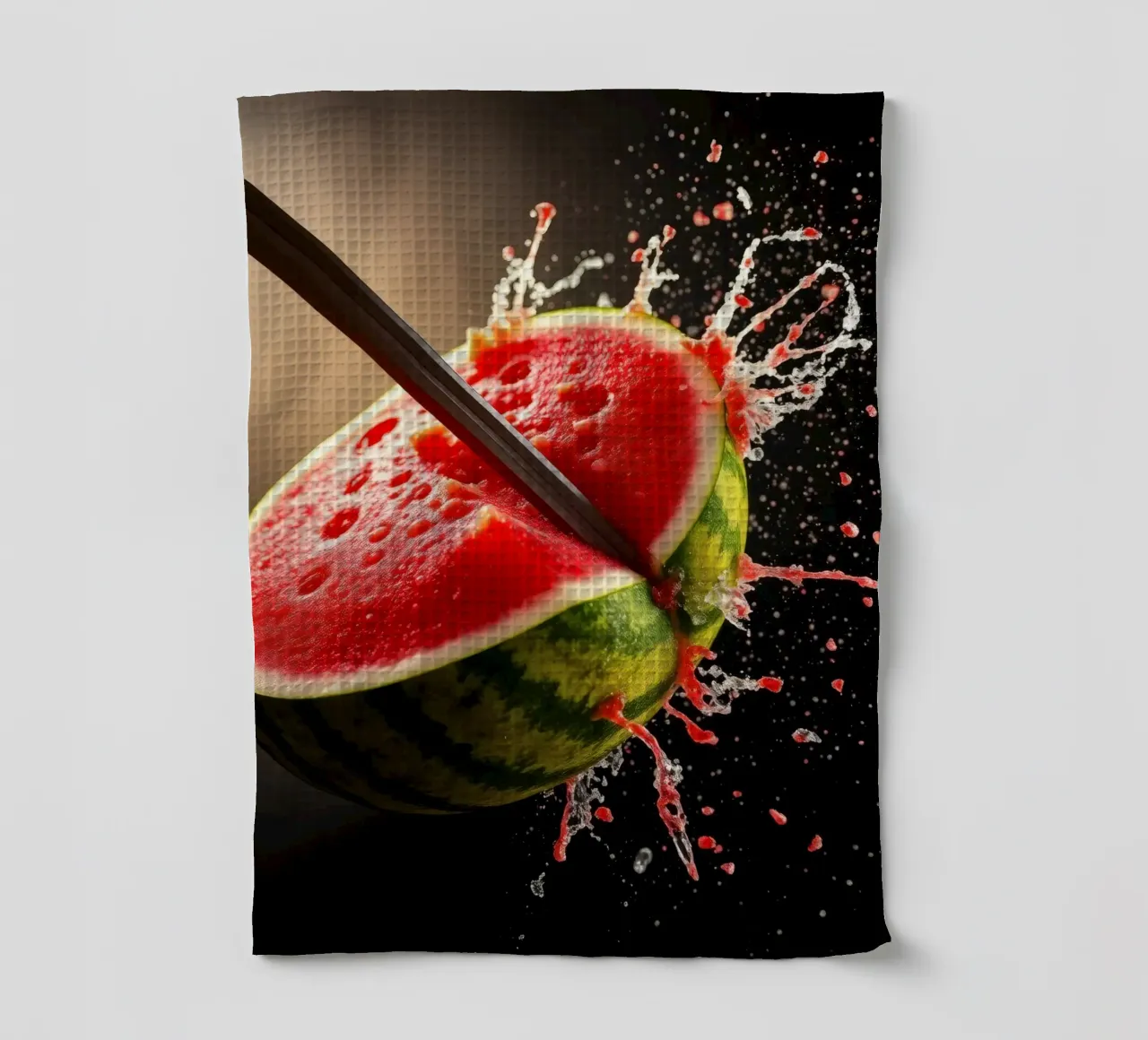 Slicing a watermelon creates a refreshing splash tea towel by DesignDoodle