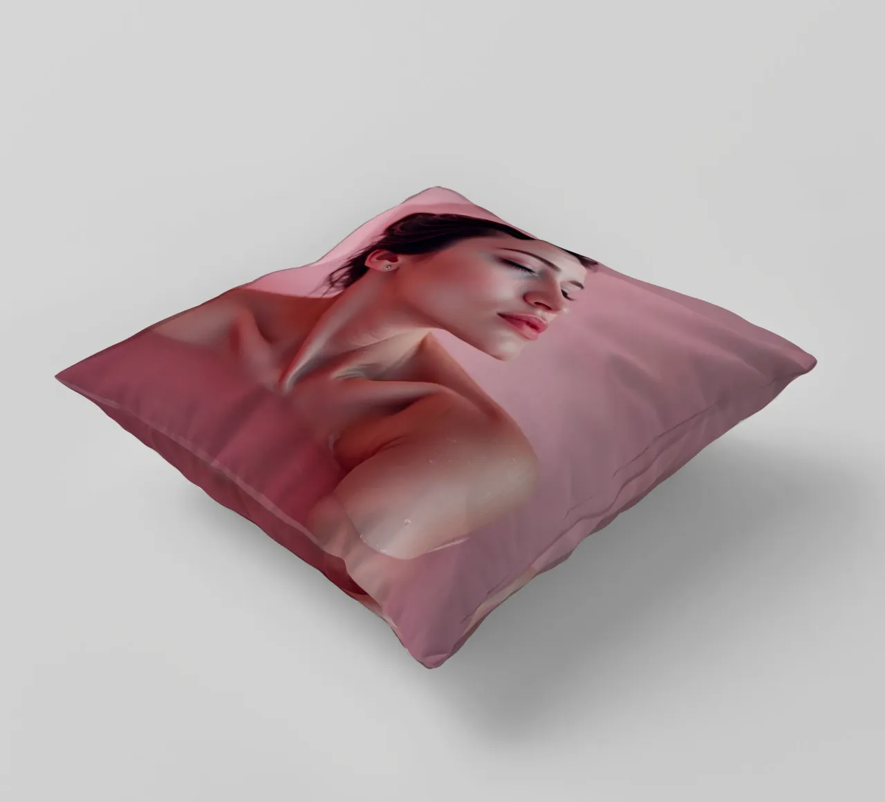 Relaxing bath experience in a serene pink setting decorative cushion by DesignDoodle