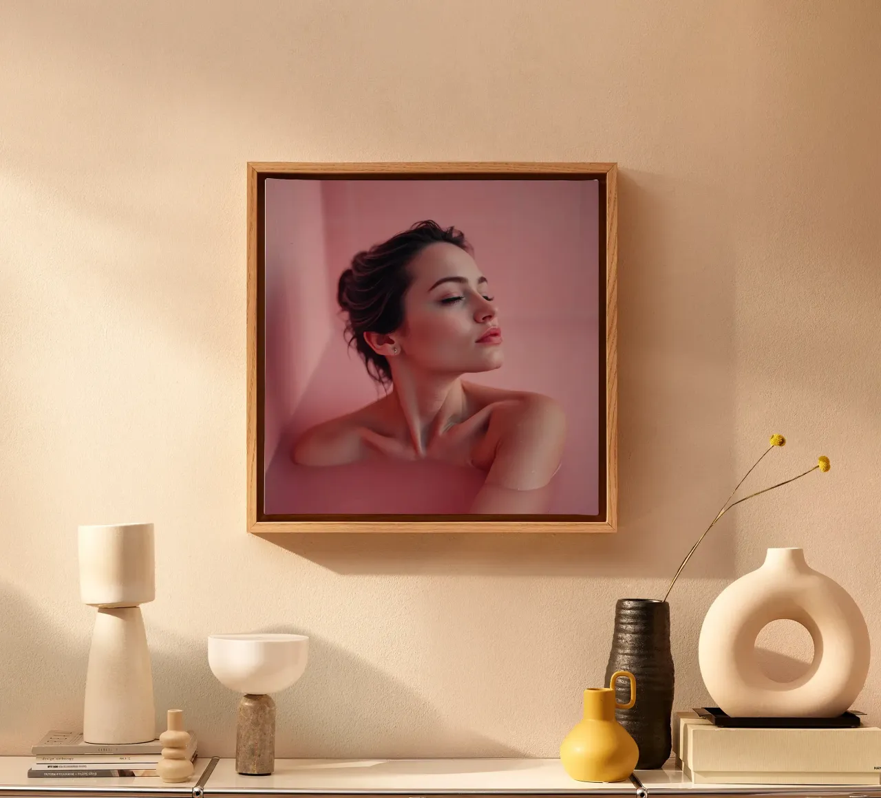 Relaxing bath experience in a serene pink setting canvas by DesignDoodle