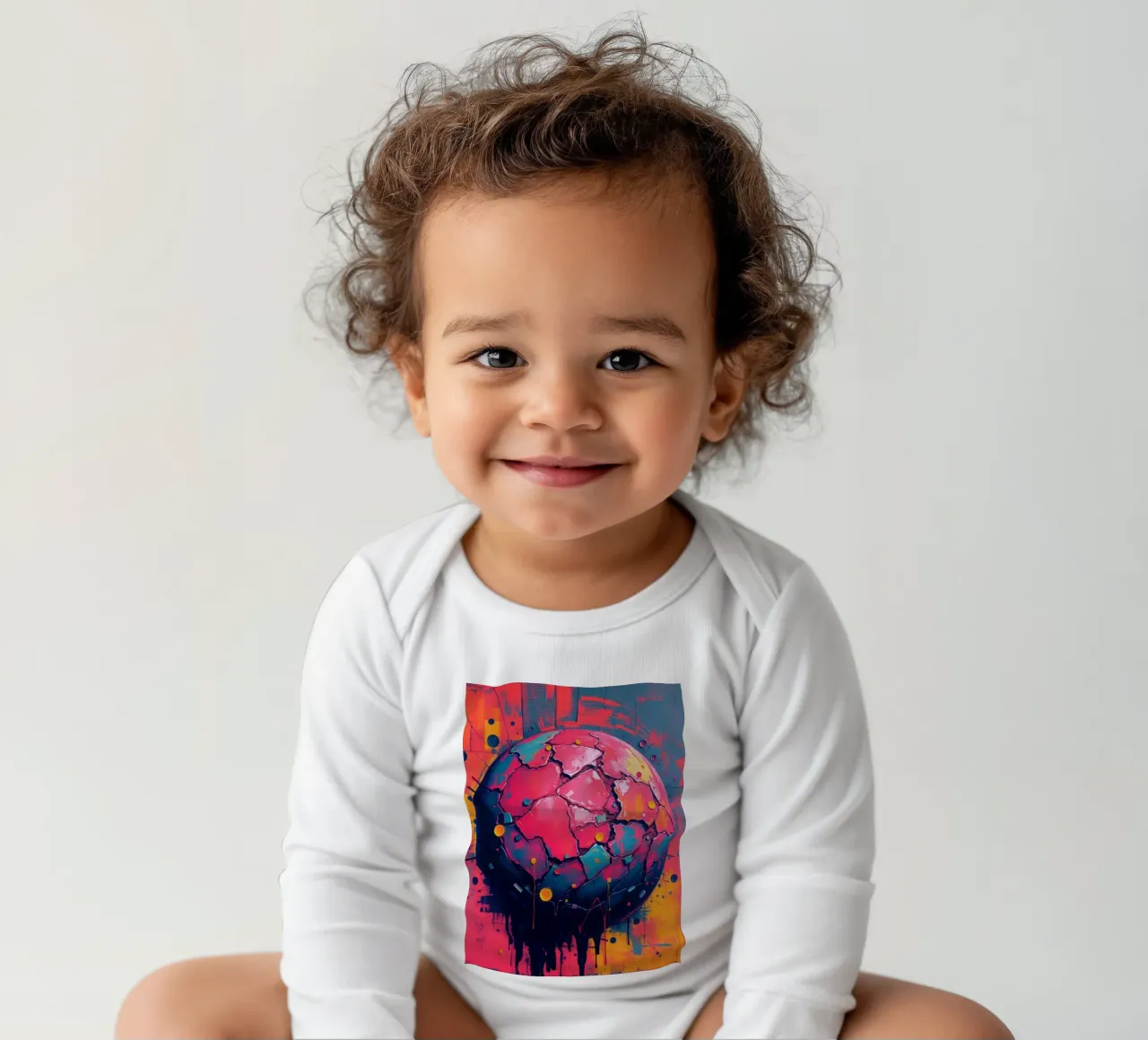 Colorful abstract representation of a cracked planet long-sleeve baby romper by DesignDoodle