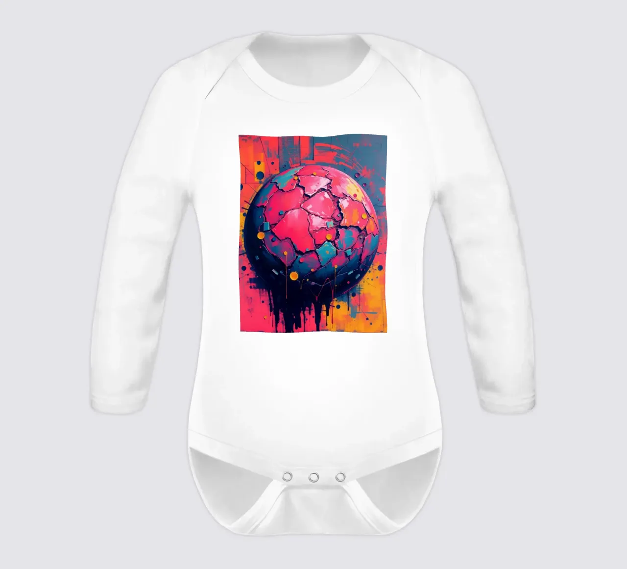 Colorful abstract representation of a cracked planet long-sleeve baby romper by DesignDoodle