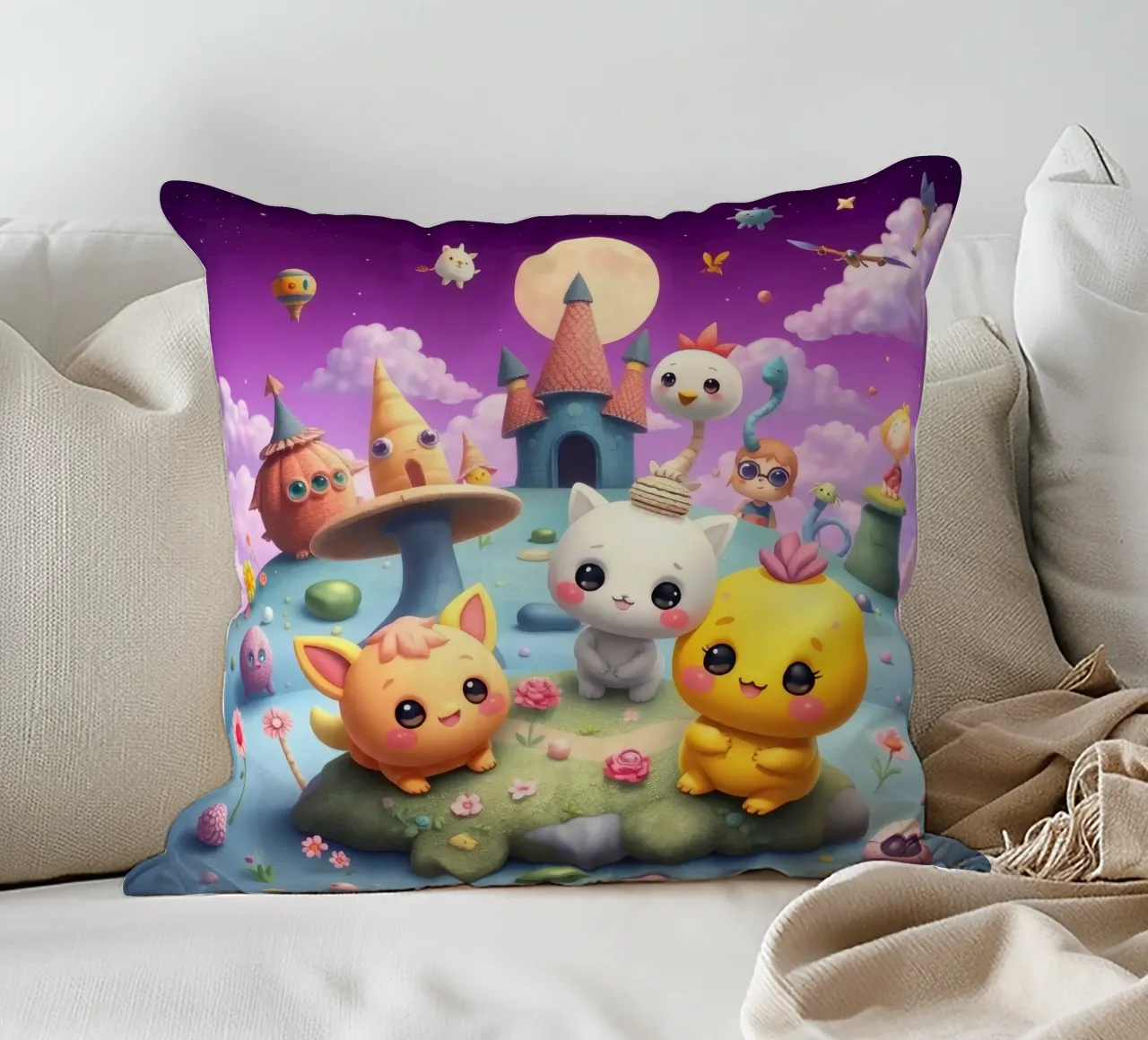 Simpatiche creature animate si riuniscono in un paesaggio stravagante cuscino da DesignDoodle