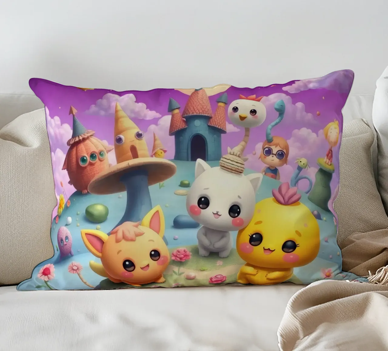 Simpatiche creature animate si riuniscono in un paesaggio stravagante cuscino da DesignDoodle