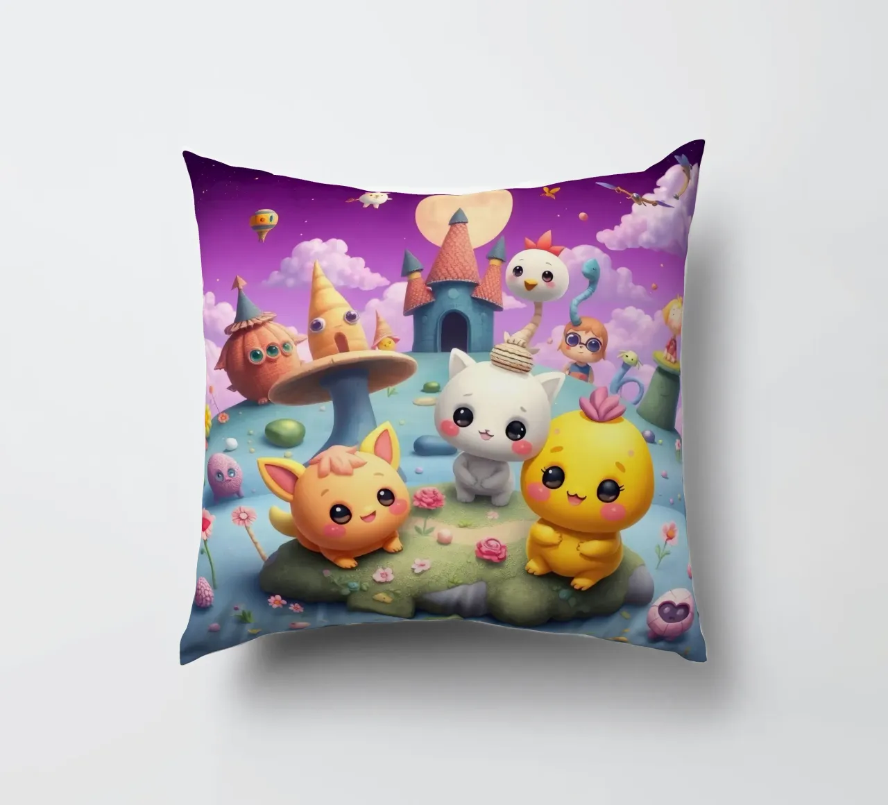 Simpatiche creature animate si riuniscono in un paesaggio stravagante cuscino da DesignDoodle