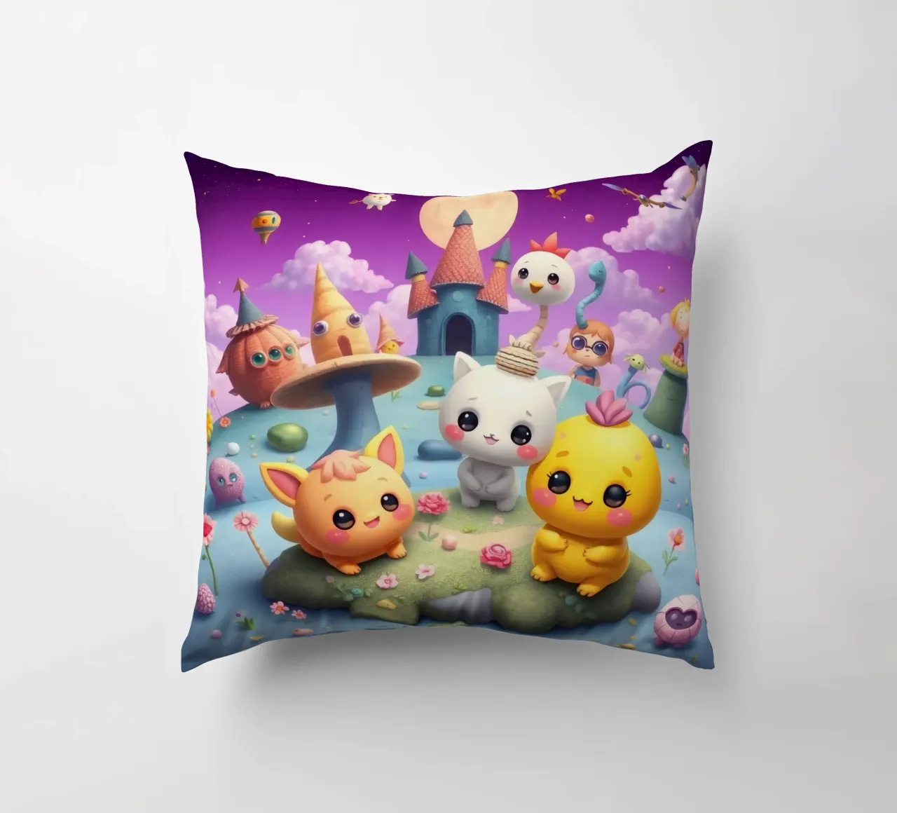 Simpatiche creature animate si riuniscono in un paesaggio stravagante cuscino da DesignDoodle