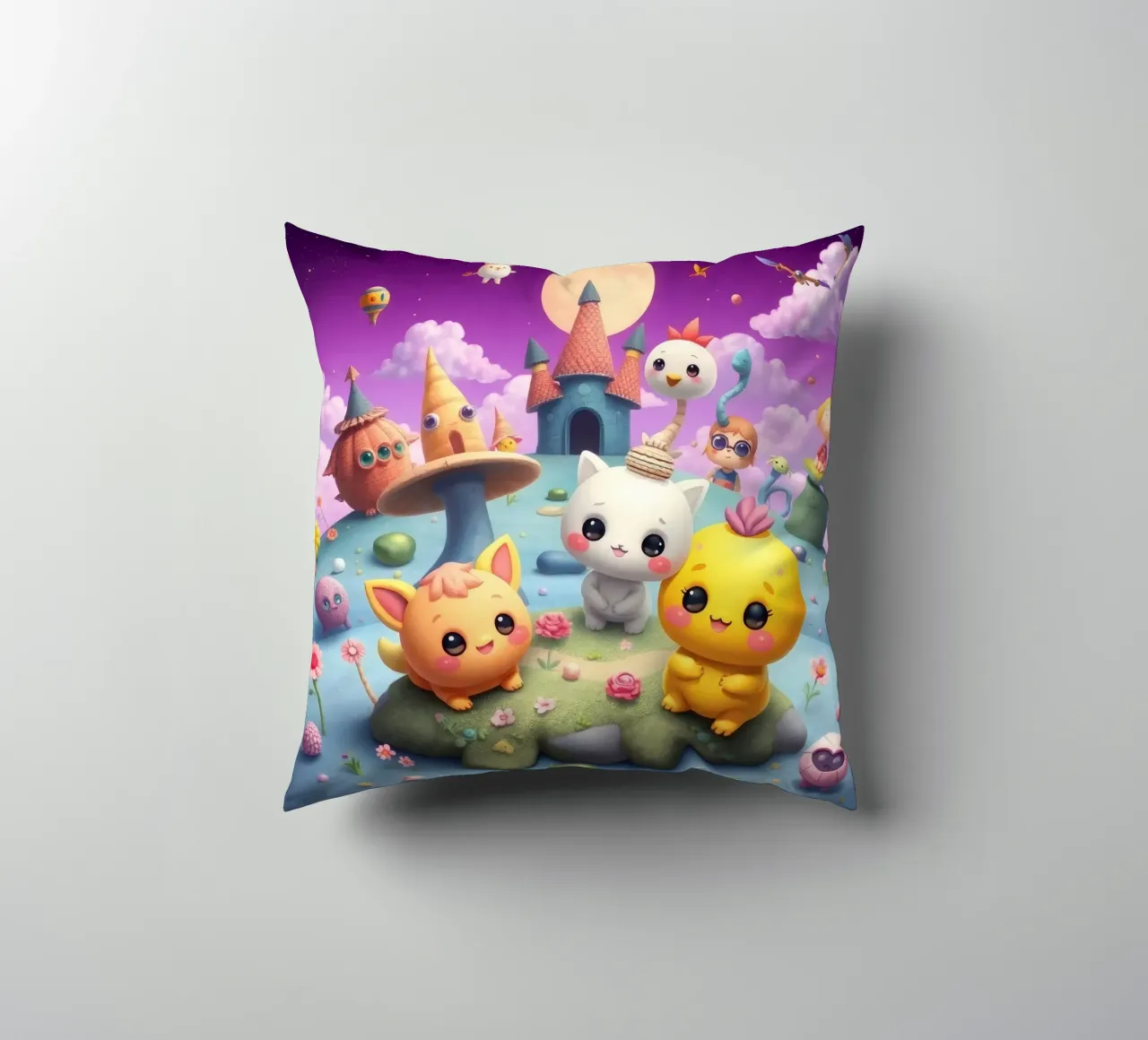 Simpatiche creature animate si riuniscono in un paesaggio stravagante cuscino da DesignDoodle
