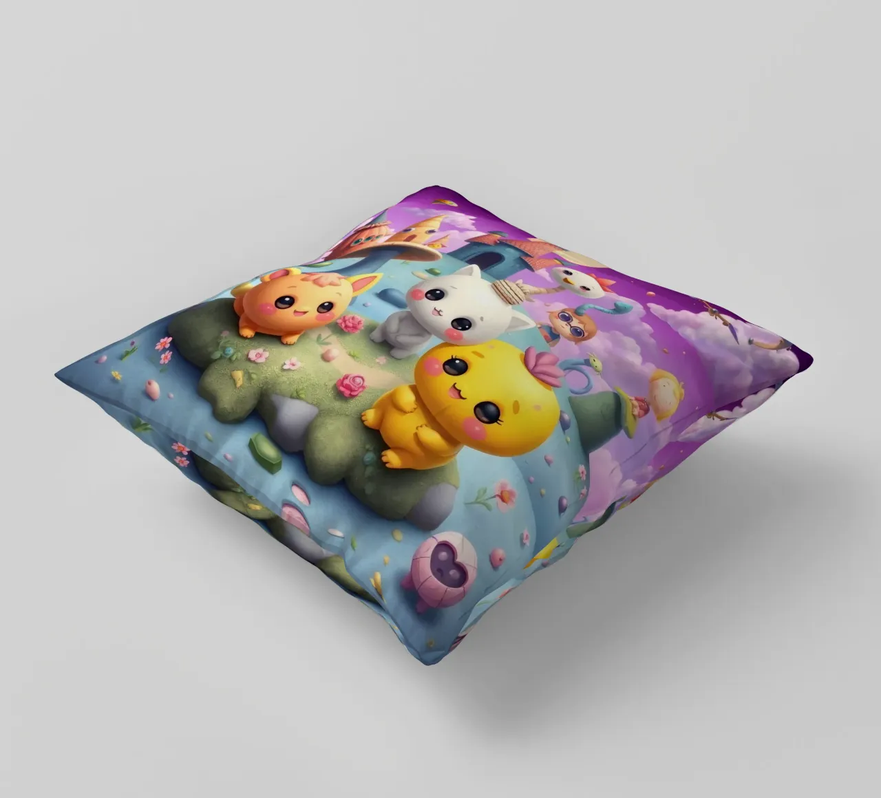 Simpatiche creature animate si riuniscono in un paesaggio stravagante cuscino da DesignDoodle
