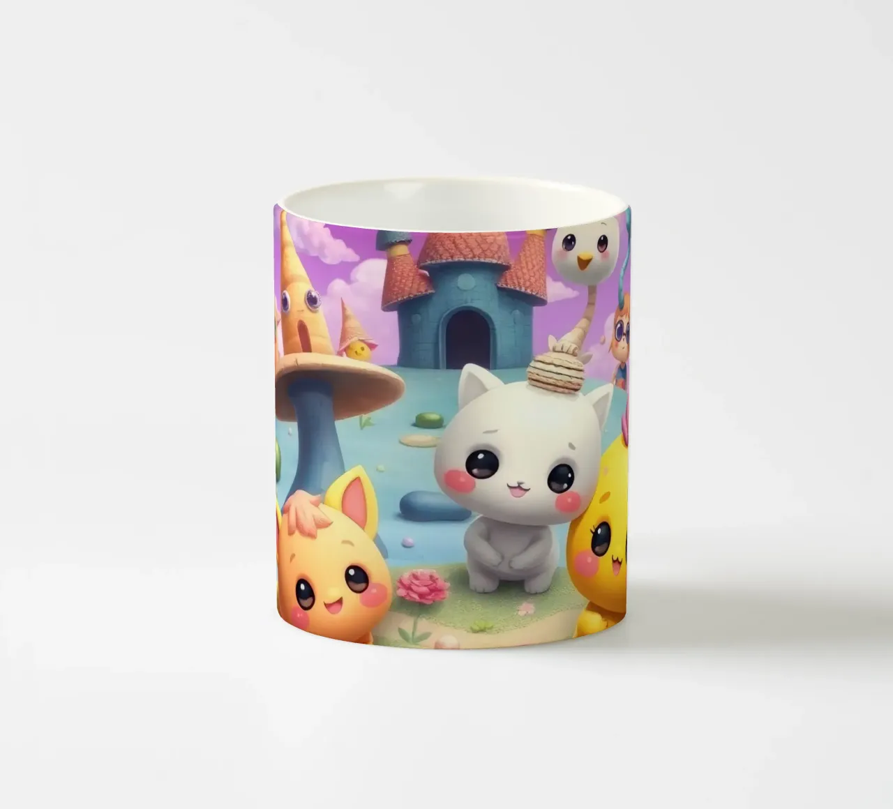 Simpatiche creature animate si riuniscono in un paesaggio stravagante tazza in ceramica da DesignDoodle