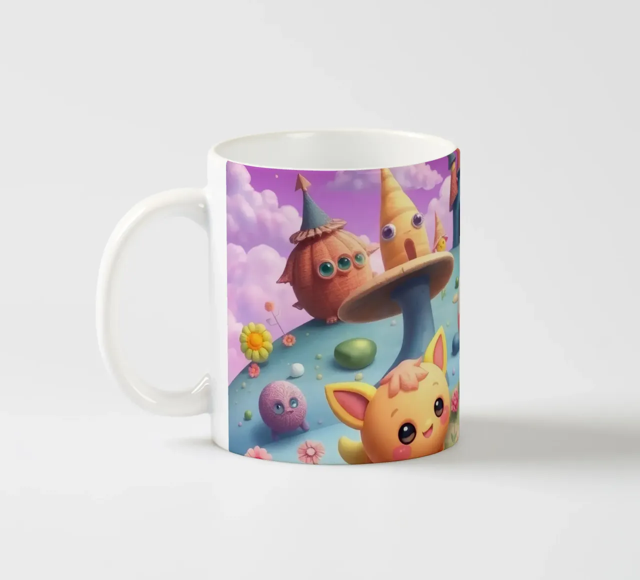 Simpatiche creature animate si riuniscono in un paesaggio stravagante tazza in ceramica da DesignDoodle