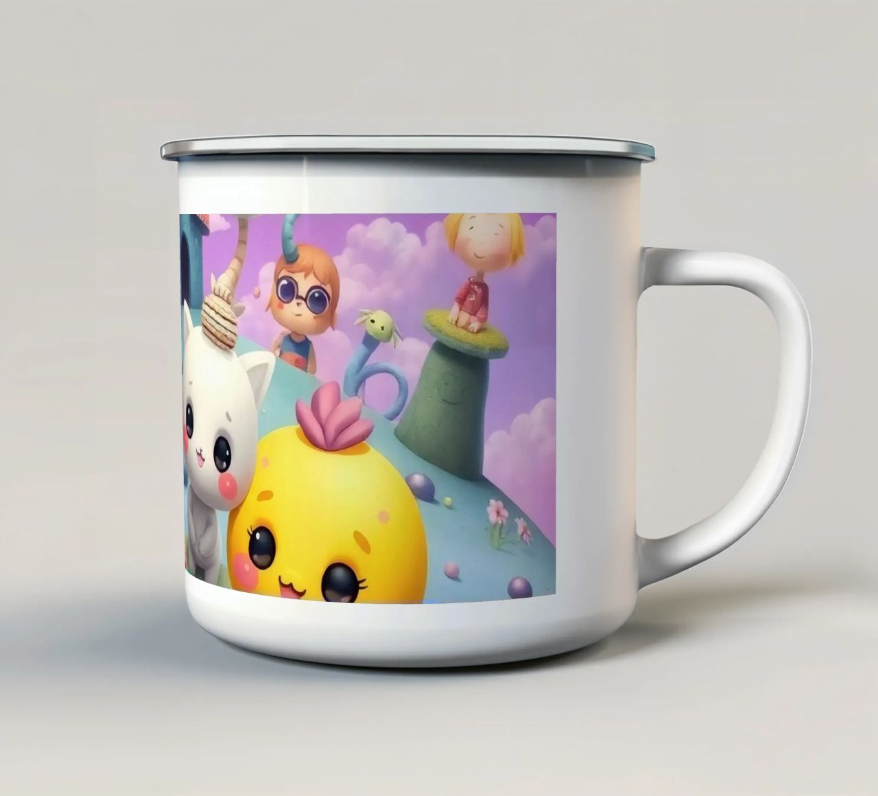 Cute animated creatures gather in a whimsical landscape enamel mug by DesignDoodle