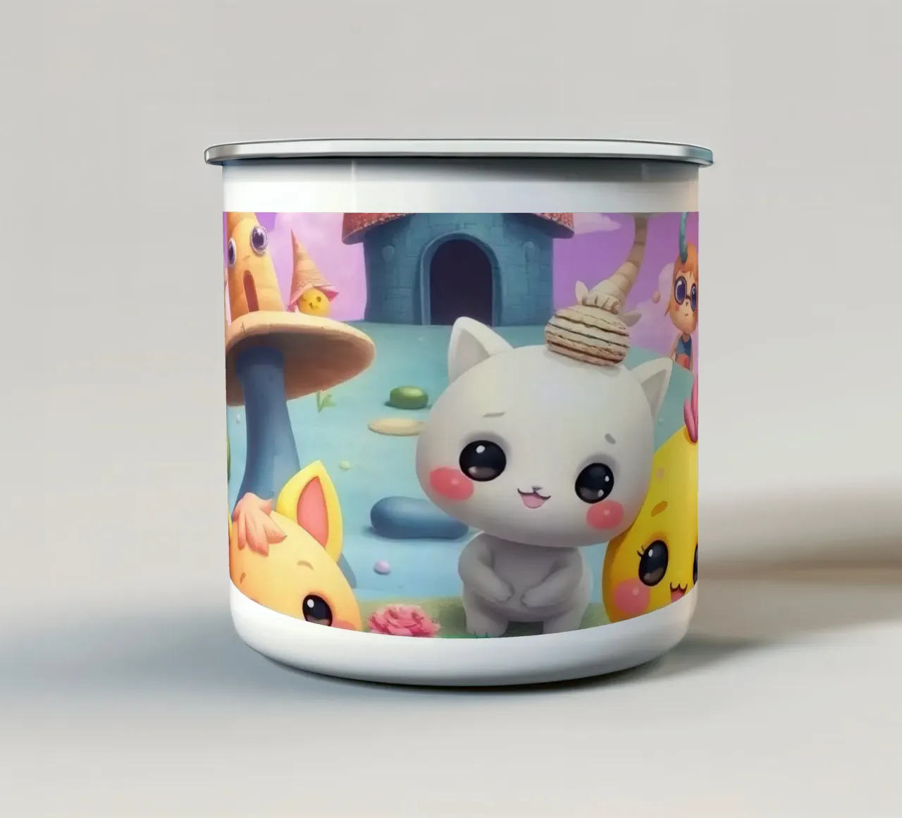 Simpatiche creature animate si riuniscono in un paesaggio stravagante tazza in smalto da DesignDoodle