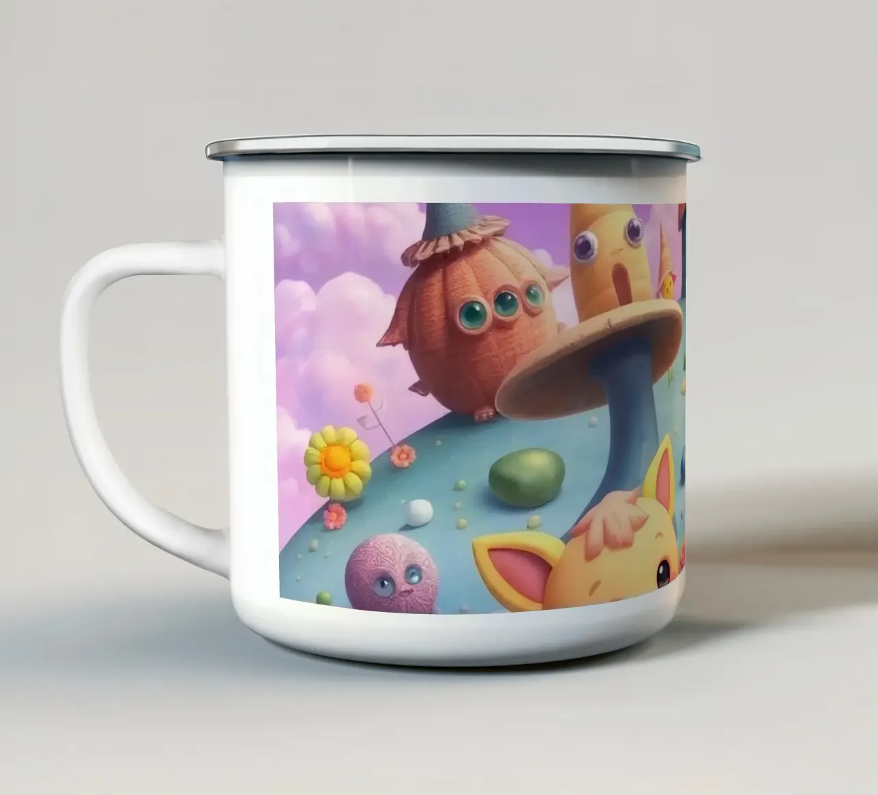 Simpatiche creature animate si riuniscono in un paesaggio stravagante tazza in smalto da DesignDoodle