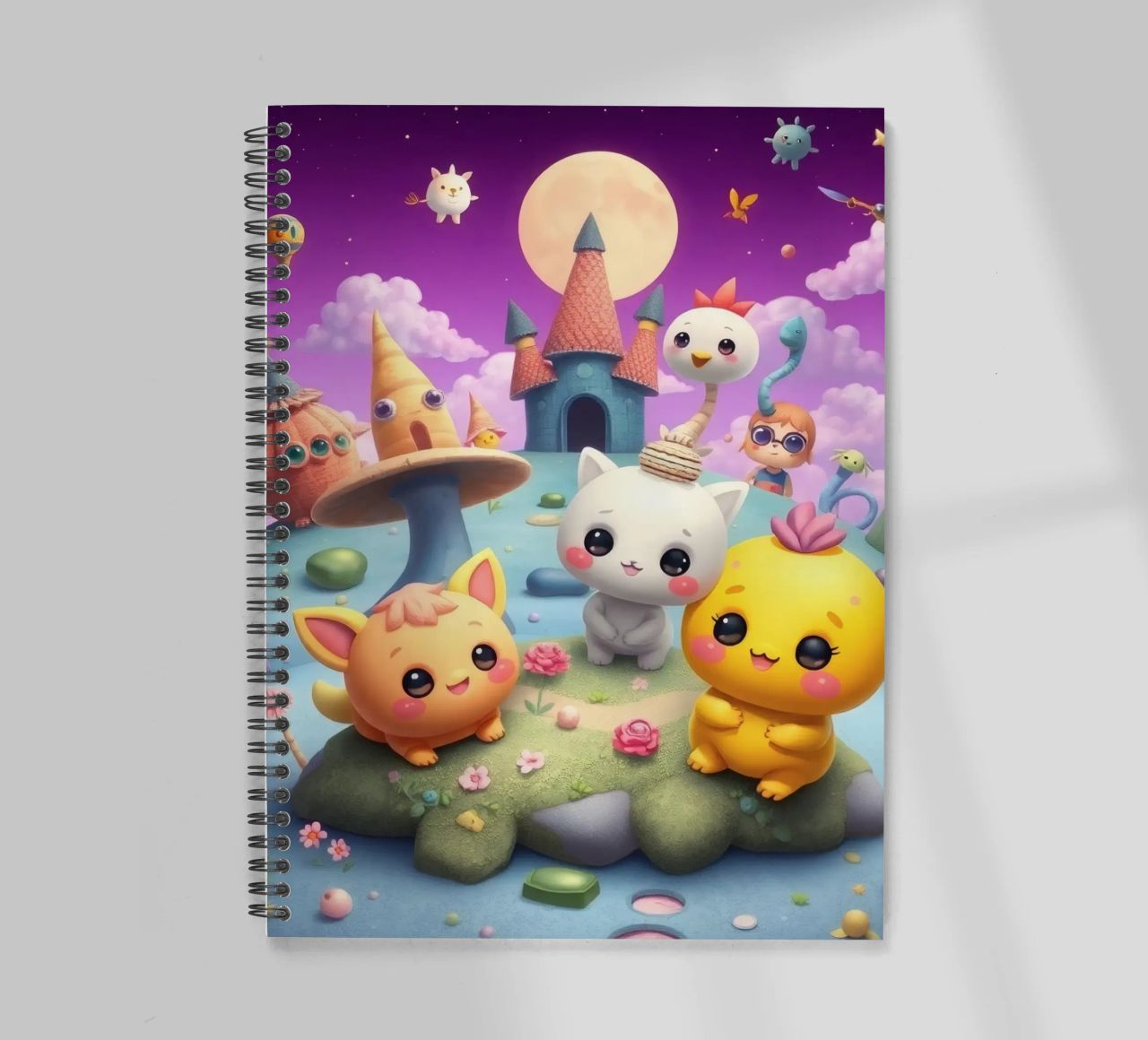 Cute animated creatures gather in a whimsical landscape spiral notebook by DesignDoodle