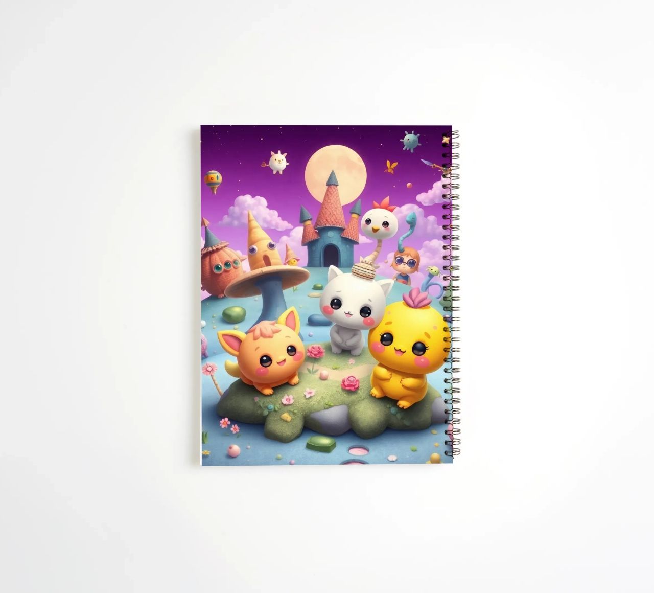 Cute animated creatures gather in a whimsical landscape spiral notebook by DesignDoodle
