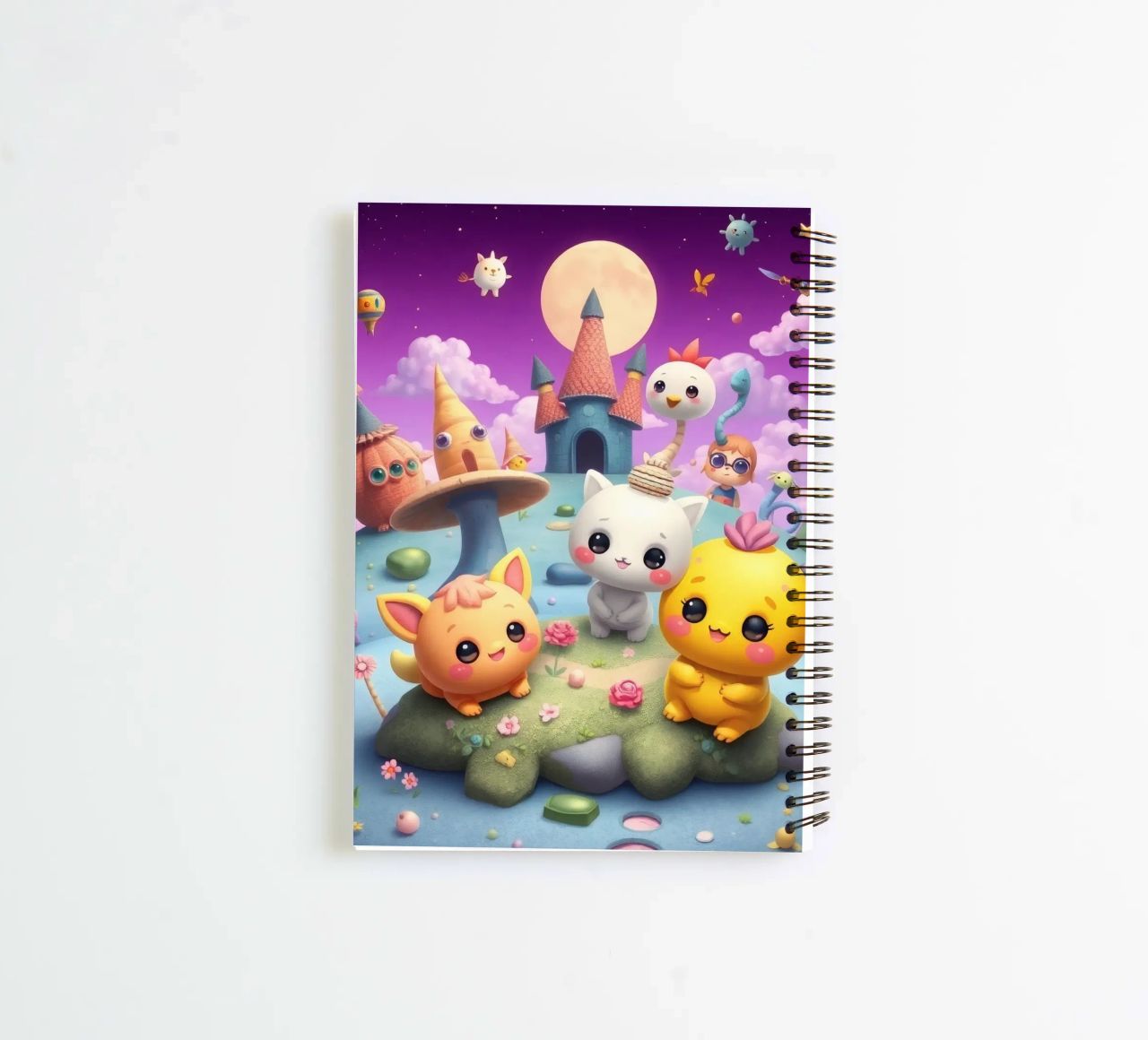 Cute animated creatures gather in a whimsical landscape spiral notebook by DesignDoodle