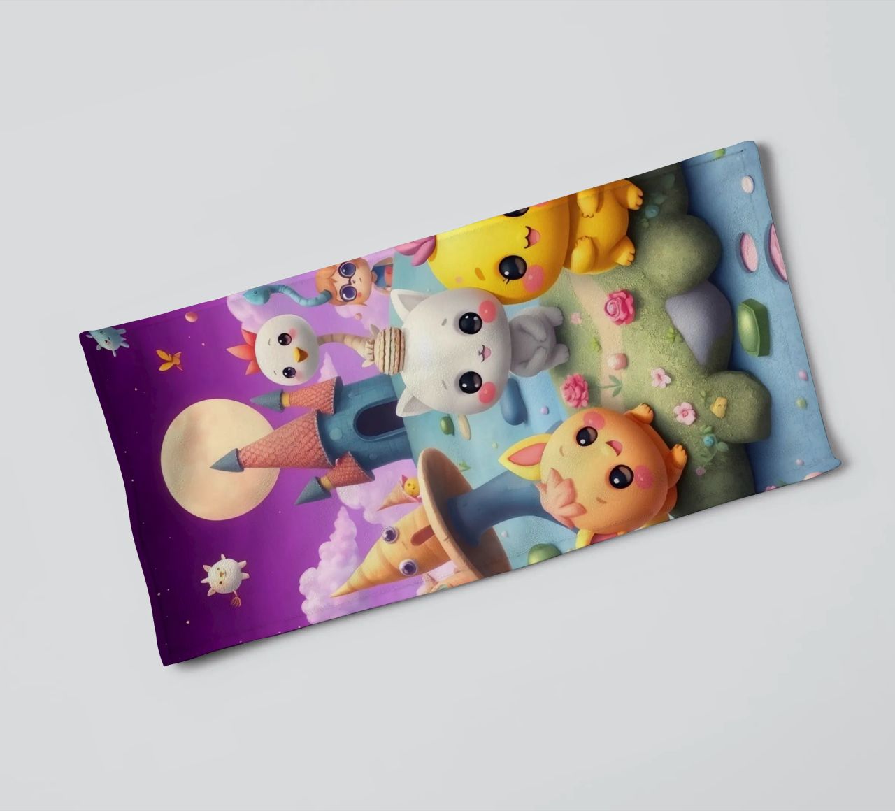 Cute animated creatures gather in a whimsical landscape towel by DesignDoodle