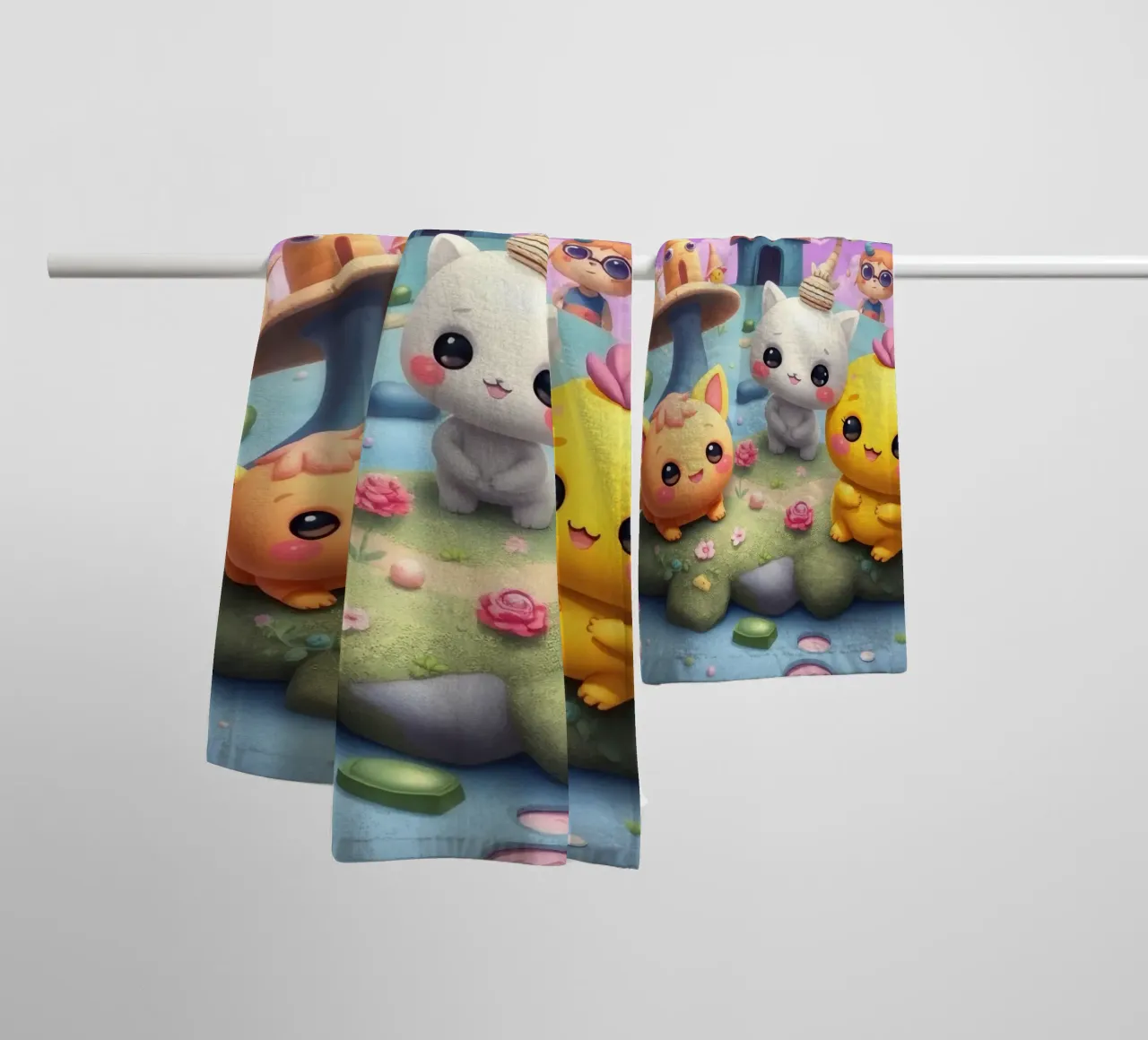 Schattige geanimeerde wezens verzamelen zich in een grillig landschap badhanddoek van DesignDoodle