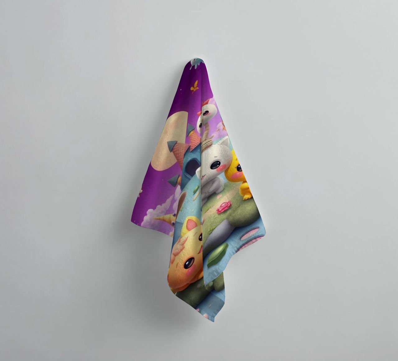 Cute animated creatures gather in a whimsical landscape towel by DesignDoodle