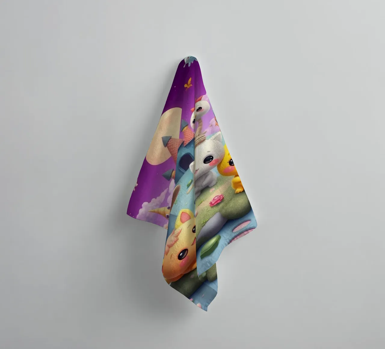Schattige geanimeerde wezens verzamelen zich in een grillig landschap badhanddoek van DesignDoodle