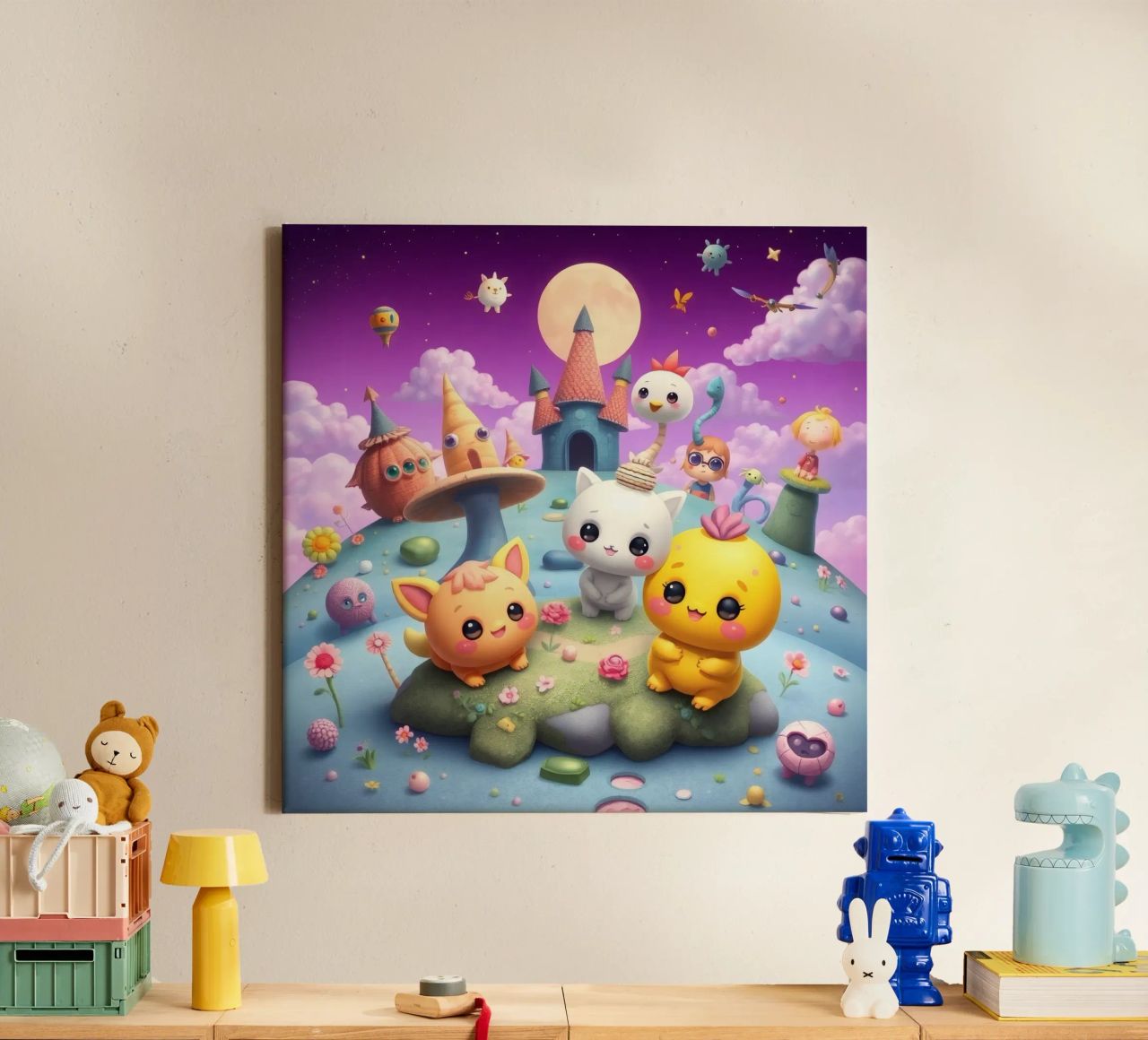 Cute animated creatures gather in a whimsical landscape canvas by DesignDoodle