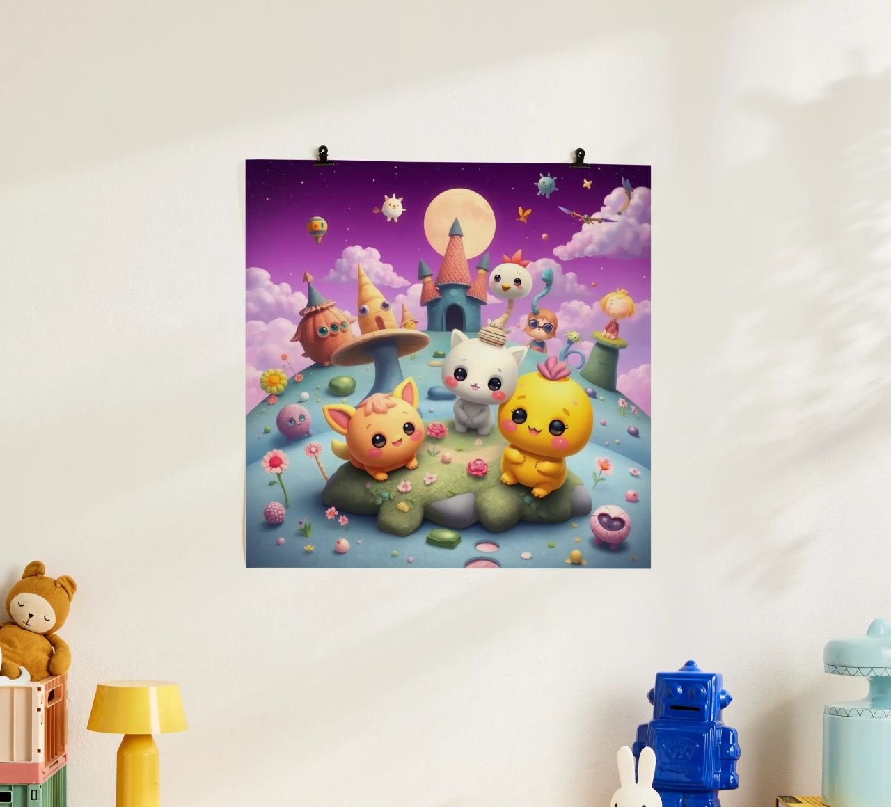 Cute animated creatures gather in a whimsical landscape poster by DesignDoodle